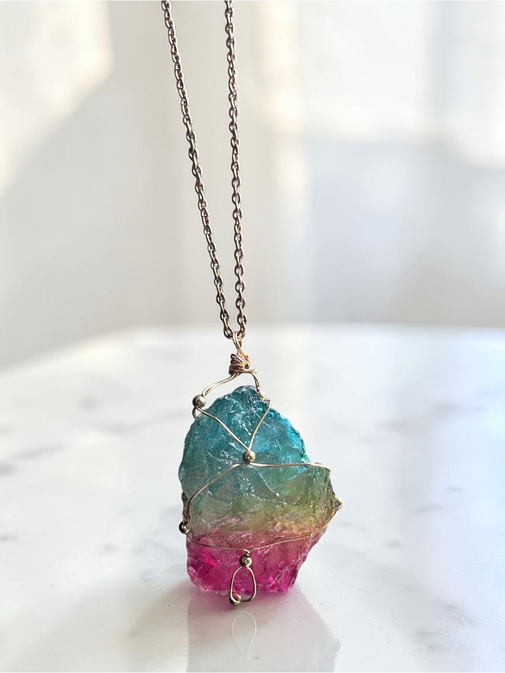 DYED QUARTZ raw cut wire wrapped natural stone pendant necklace gold chain NEW